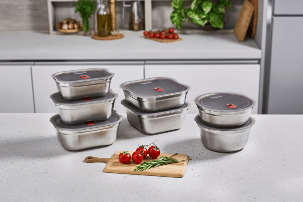 Black+Blum meal prep containers in rectangle, square, and bowl shapes